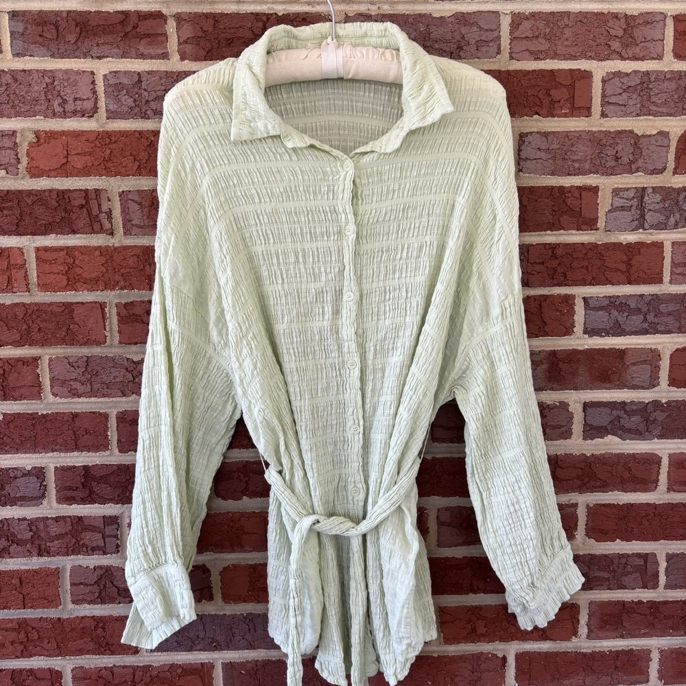 Fanco Belted Top Women's L Pale Green‎ Gauze Textured Cotton Coastal Resort Wear